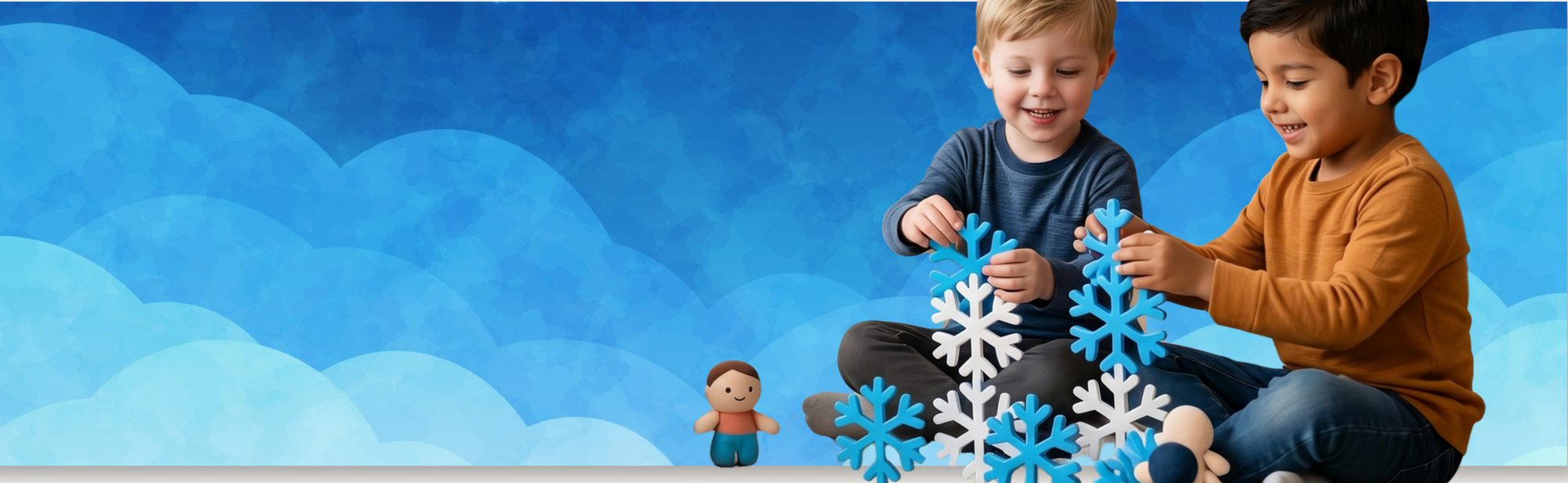 Two young boys sitting cross-legged on the floor, smiling as they build a pattern from large blue and white snowflake tiles